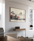 Gray, red, white, and black Chinese Landscape Art Print, designed for reading nook