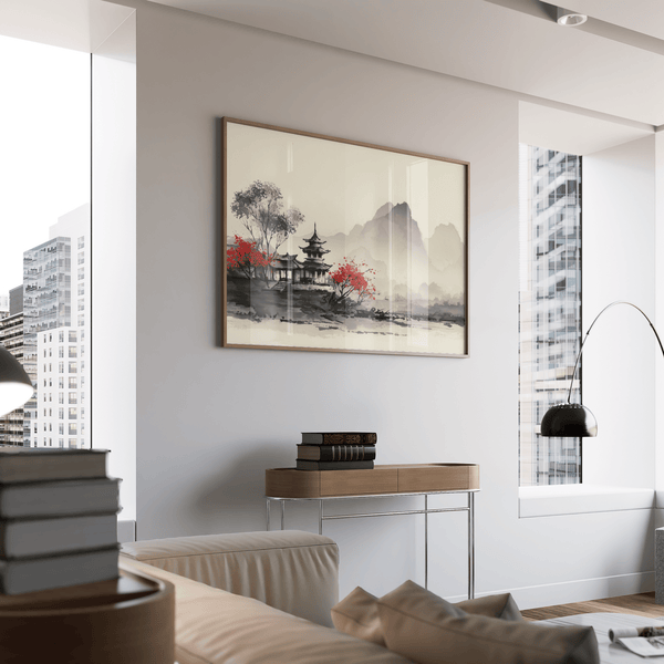 Gray, red, white, and black Chinese Landscape Art Print, designed for reading nook