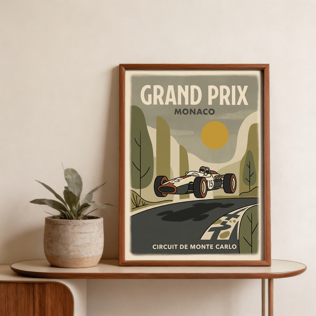 Motorsport Circuit Print featuring MONACO headline and vibrant mid-century color blocks