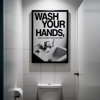 Funny Toilet Wall Art reminding users to wash their hands.