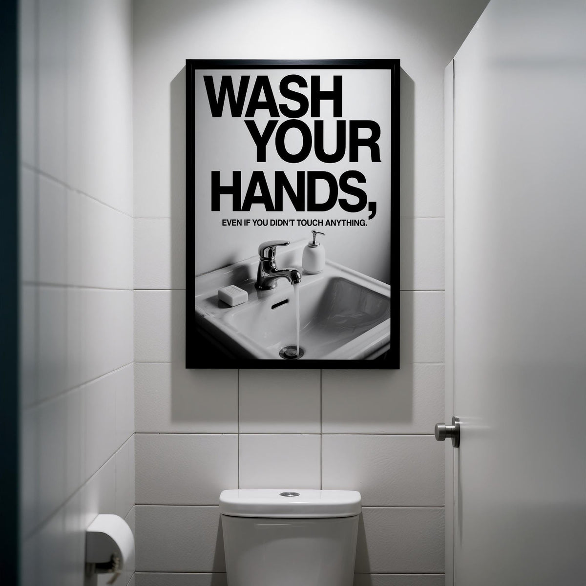 Funny Toilet Wall Art reminding users to wash their hands.