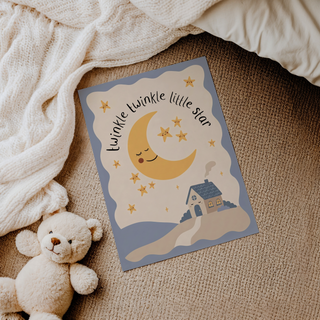 Twinkle Twinkle Star Print kids wall decor in soft blue and yellow hues