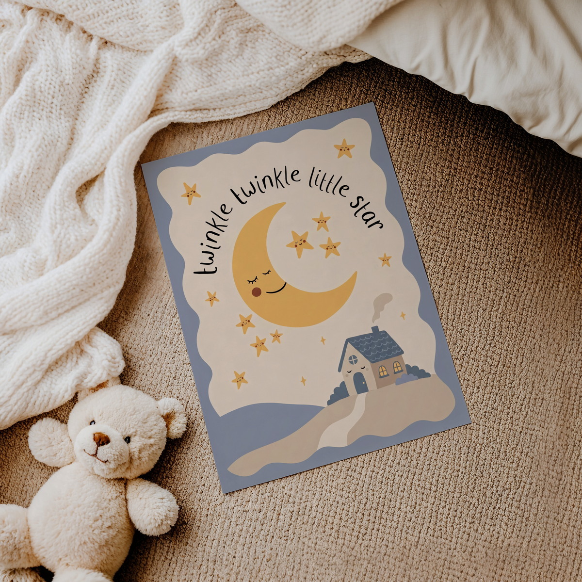 Twinkle Twinkle Star Print kids wall decor in soft blue and yellow hues