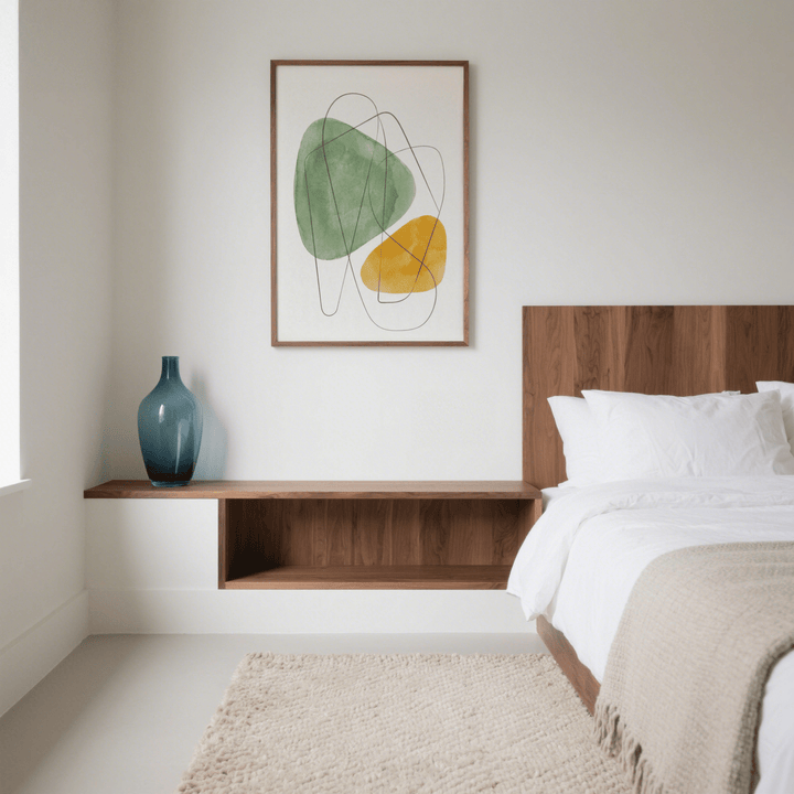 Abstract Watercolor Art framed on a wall above shelf with a blue vase in a bedroom