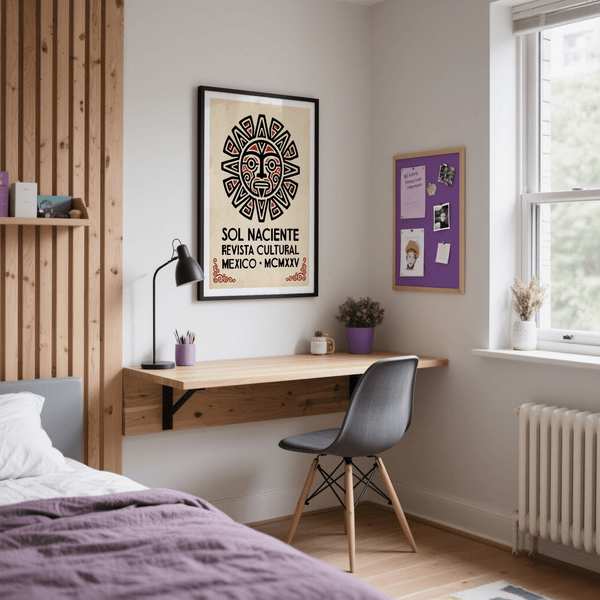 Aztec Sun Illustration Art Print with bold sun face and rays poster