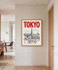 Line art travel print of Tokyo tower, torii gate, and bridge
