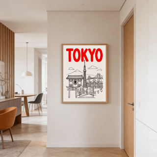 Line art travel print of Tokyo tower, torii gate, and bridge