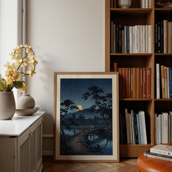 Moonlit Bridge Art Print in Blue hues featuring distant rooftops and mountains