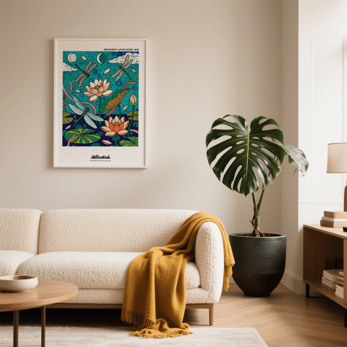 Decorative lotus and dragonflies wall art print with lily pads and patterned water