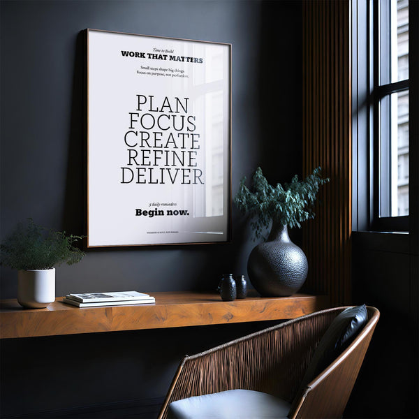 Office wall art featuring a crisp motivate quote poster for daily encouragement.