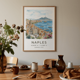 Gallery wall arrangement featuring Naples City Art Print beside coastal artworks
