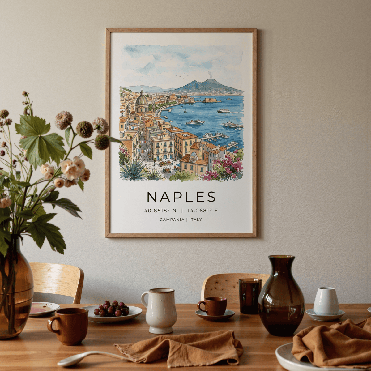 Gallery wall arrangement featuring Naples City Art Print beside coastal artworks