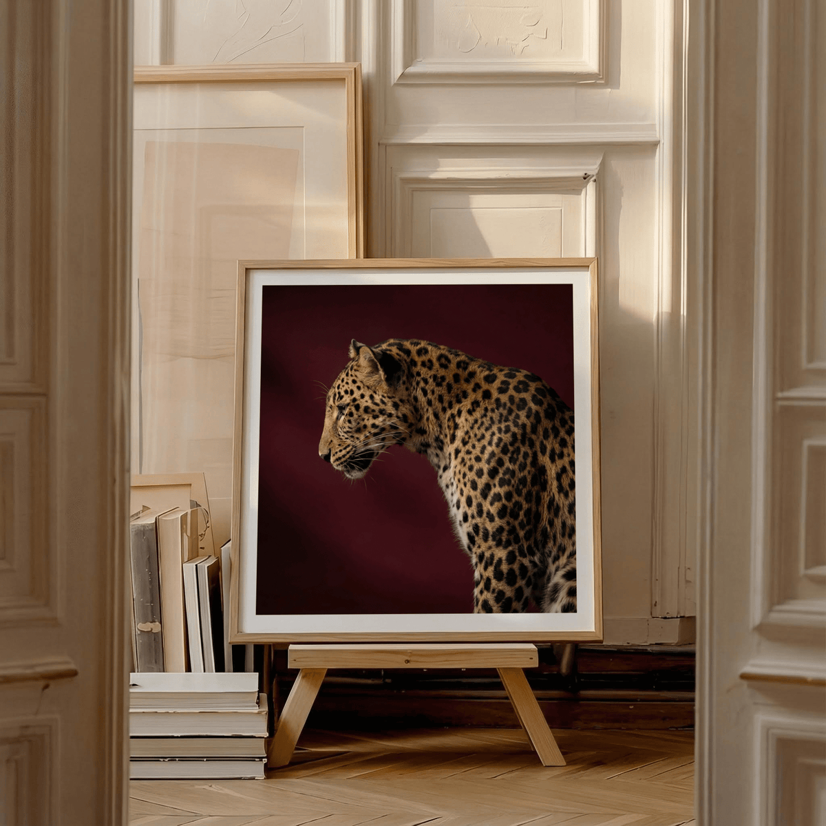 Leopard Art Print cropped on head and shoulders with clean studio backdrop