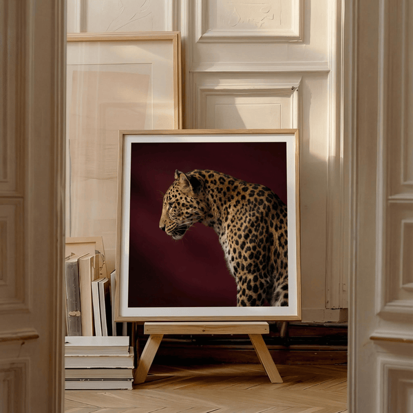 Leopard Art Print cropped on head and shoulders with clean studio backdrop