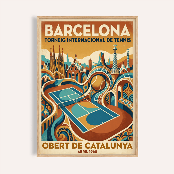 Barcelona Tennis Wall Art showing retro court and skyline