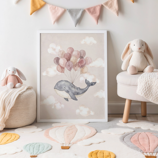 Kids room whale wall art featuring clouds and a floating balloon cluster