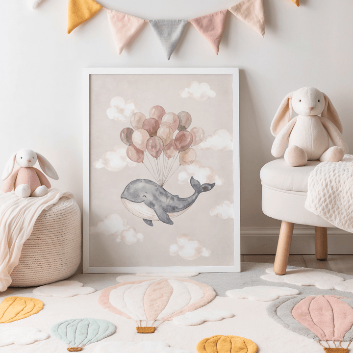 Print of a whale with balloons in soft watercolour pastels leaning on the floor in a children's room with toys