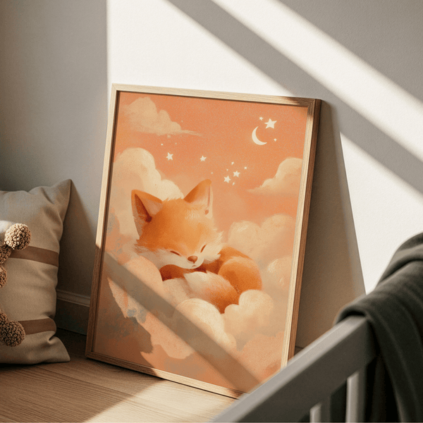 Sleeping Fox Art Print displaying warm Orange and Beige in bedroom