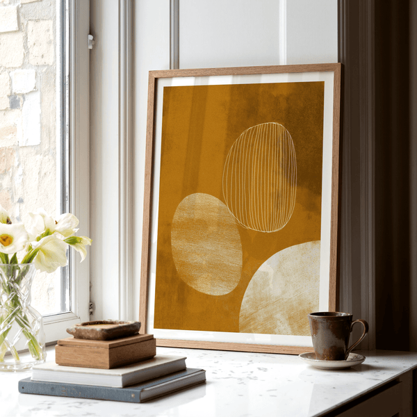 Textured abstract print poster with cropped curved shape and central outlined oval