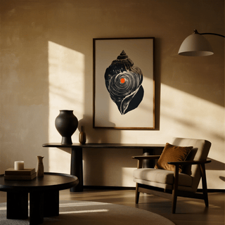 Modern conch shell poster print with strong negative space and a bold shadow behind the shell