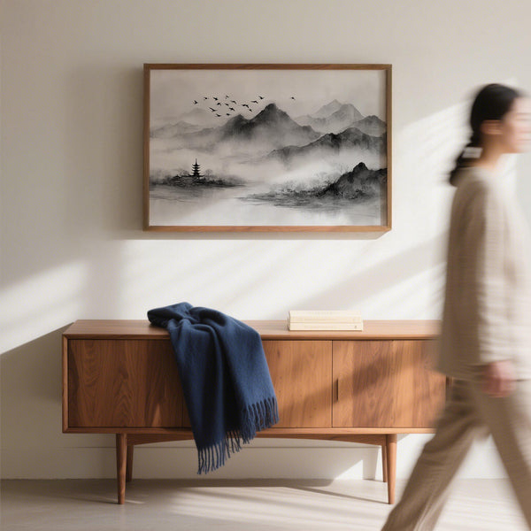 Black ink painting of mountain range with distant temple and clouds, landscape print.