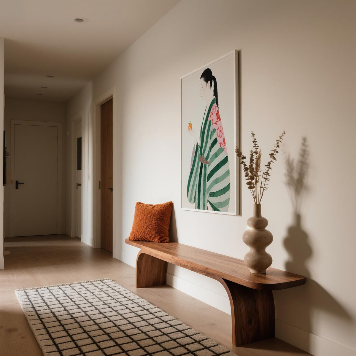 Traditional Asian woman painted in soft colors, unique wall art for living room.