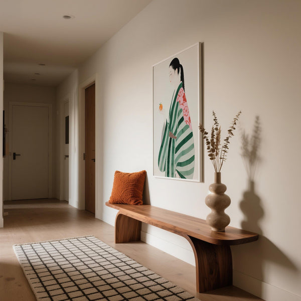 Traditional Asian woman painted in soft colors, unique wall art for living room.