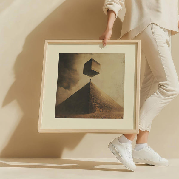 Conceptual neutral color wall art with lone figure and geometric forms