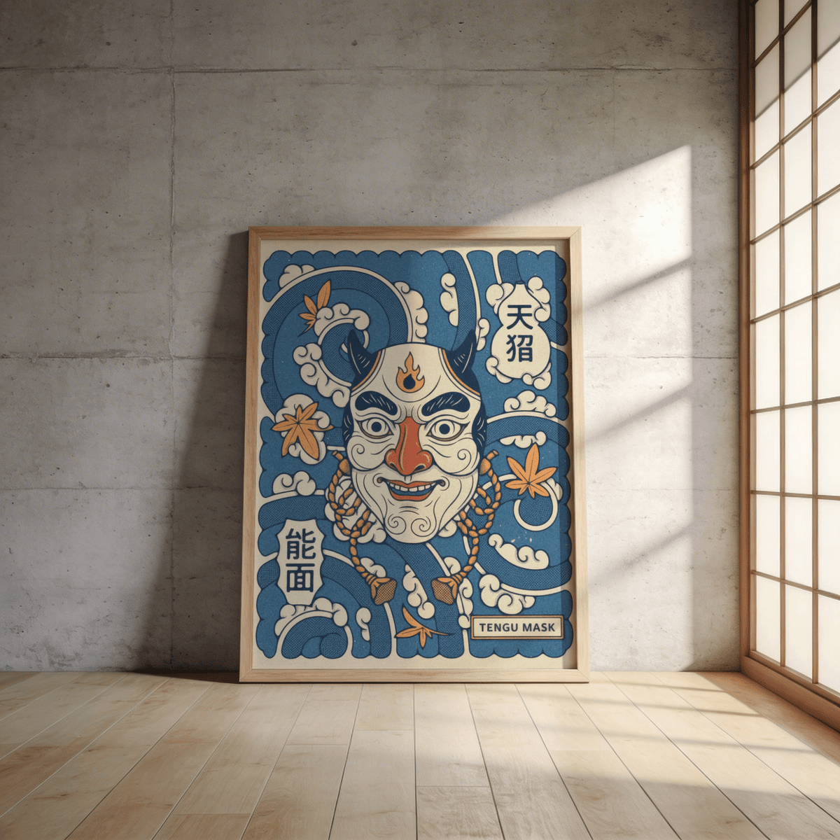 Detailed horned mask wall art print with cloud motifs and characters poster