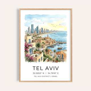 Watercolor Tel Aviv coastal skyline wall art print with harbor and boats