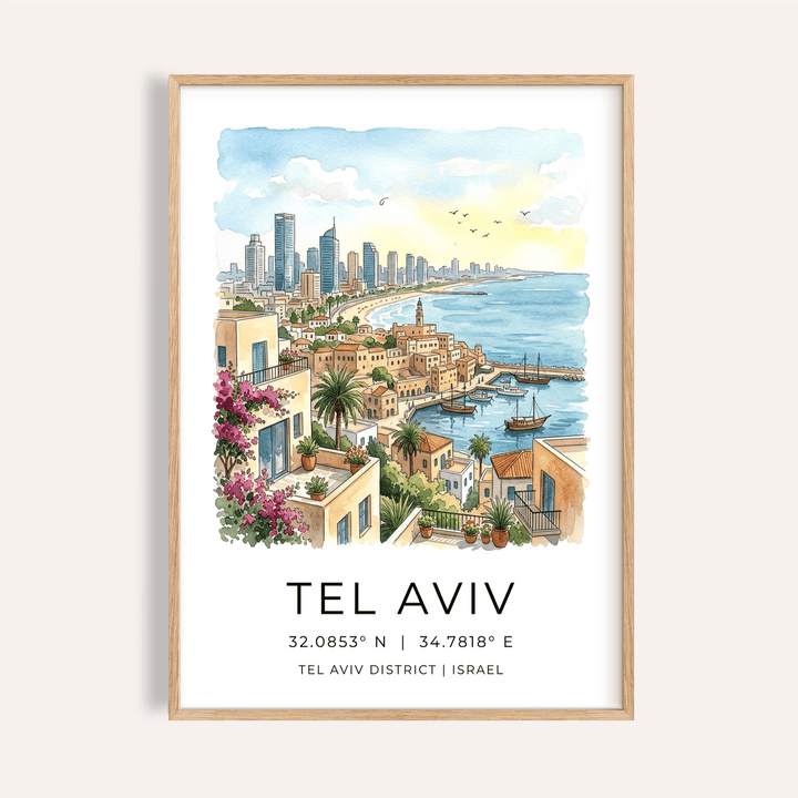Watercolor Tel Aviv coastal skyline wall art print with harbor and boats