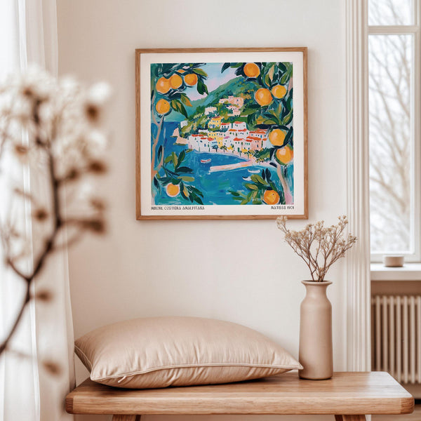 Amalfi Wall Art showing Minori’s white homes and citrus trees on a sunny slope.