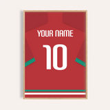 Custom Football Shirt – Red with Green Sleeve Stripe — wooden-frame main image