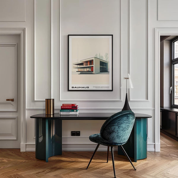 Minimalist Bauhaus architecture poster with floor-to-ceiling glass windows