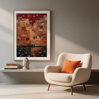 Varanasi Art Print zoom on boat silhouette amid rippling golden water