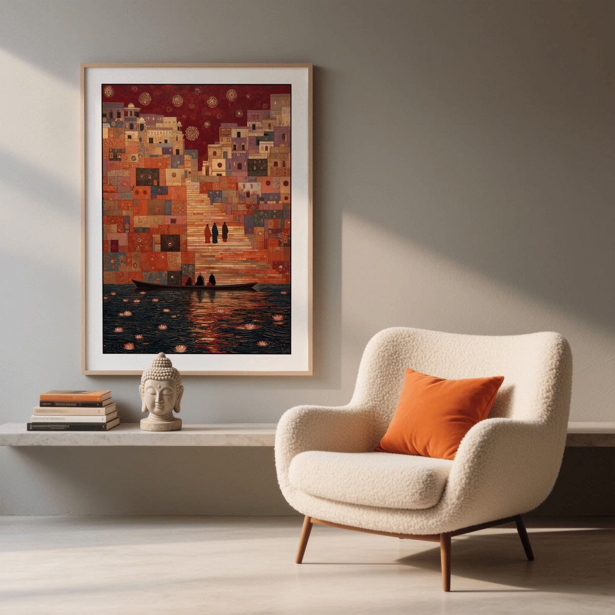 Varanasi Art Print zoom on boat silhouette amid rippling golden water