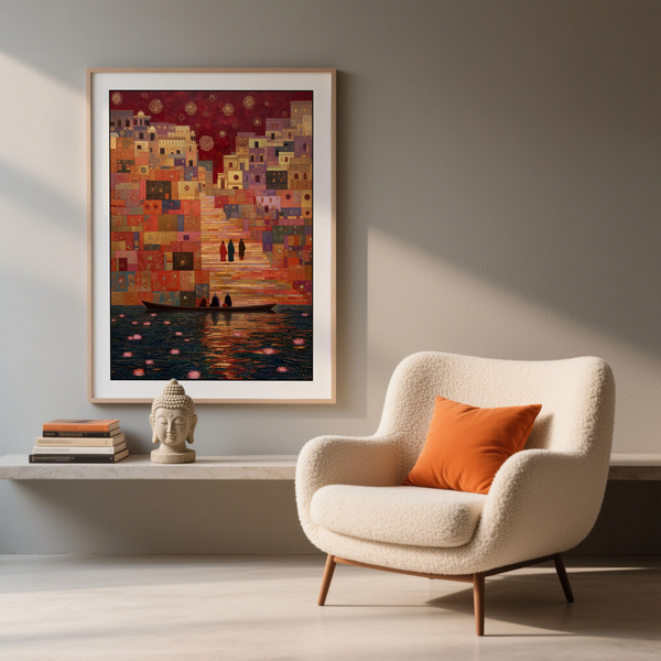 Varanasi Art Print zoom on boat silhouette amid rippling golden water