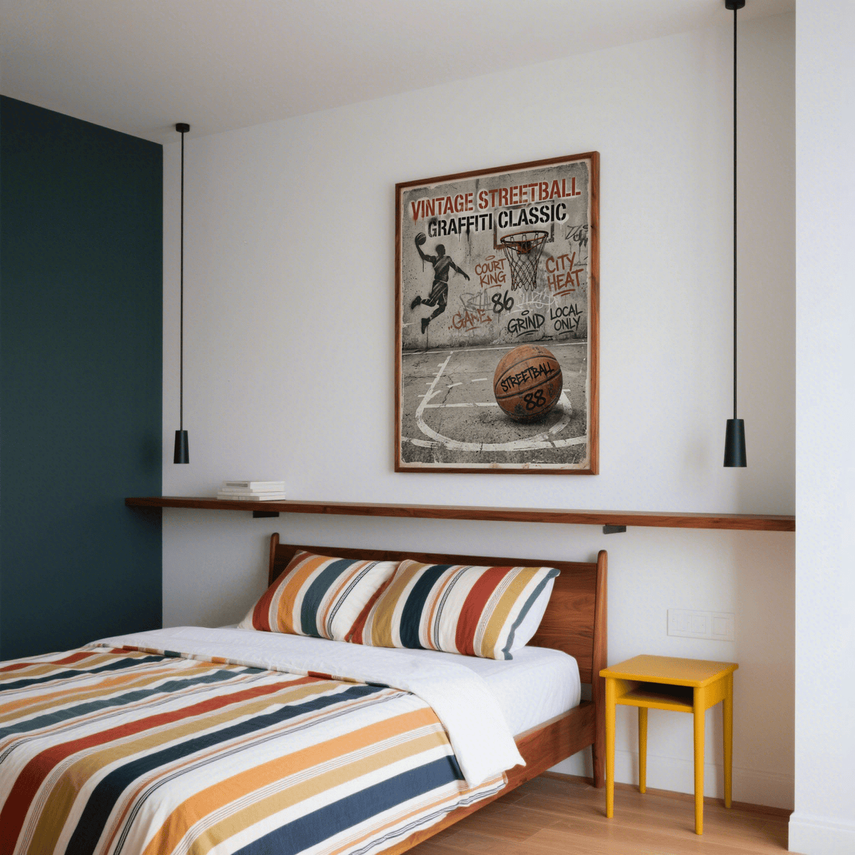 Player silhouette dunking amid layered tags on Graffiti Basketball Poster wall print