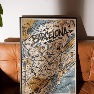 Text-heavy Barcelona City Map Art print with graffiti-style typography and map lines