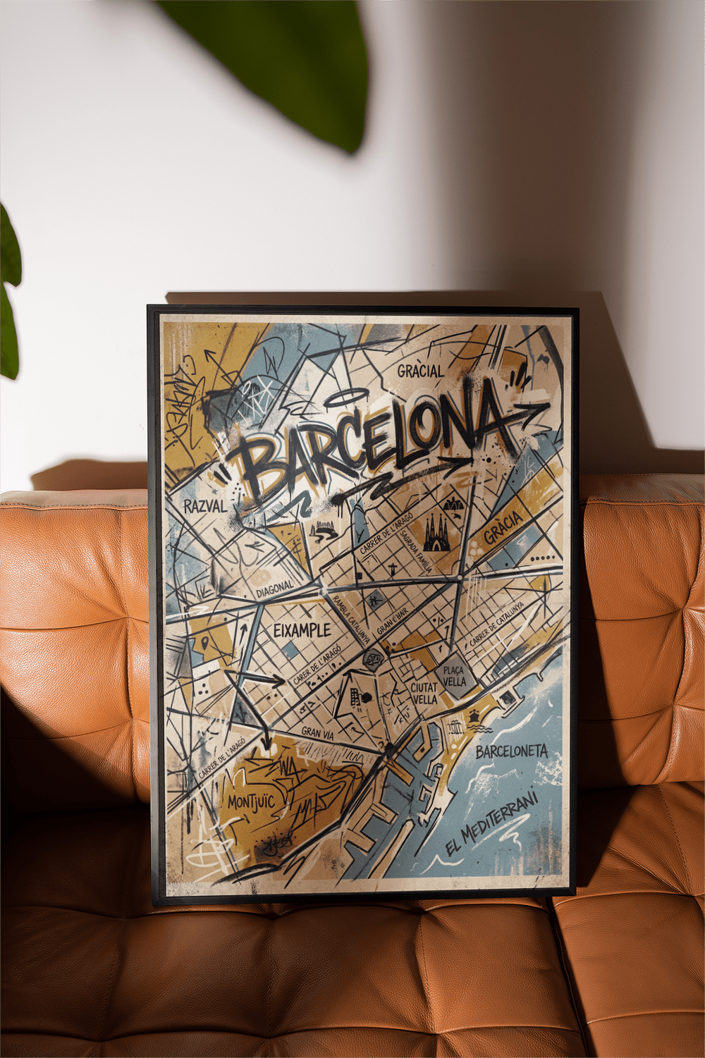 Text-heavy Barcelona City Map Art print with graffiti-style typography and map lines