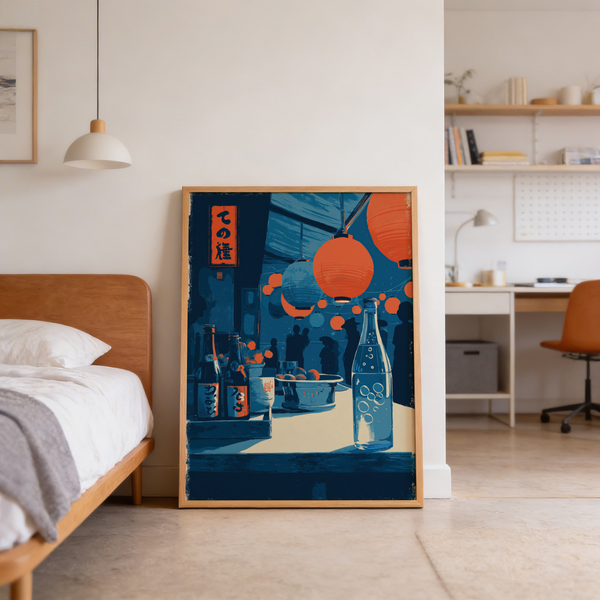 Wide composition poster of lantern-lit market stall with silhouettes and Japanese signage