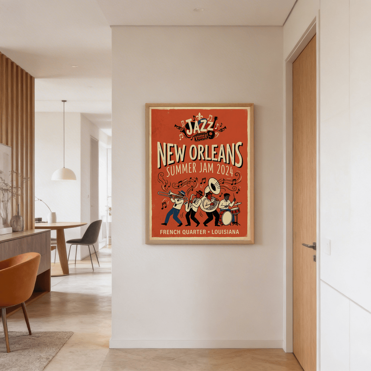 Marching musicians artwork with sousaphone drums and sheet music icons