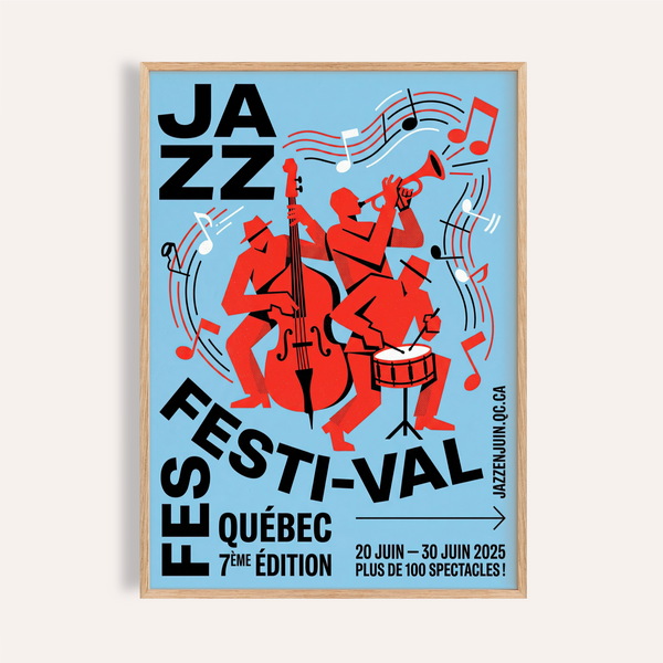 Bold jazz festival poster print with three musicians and musical notes