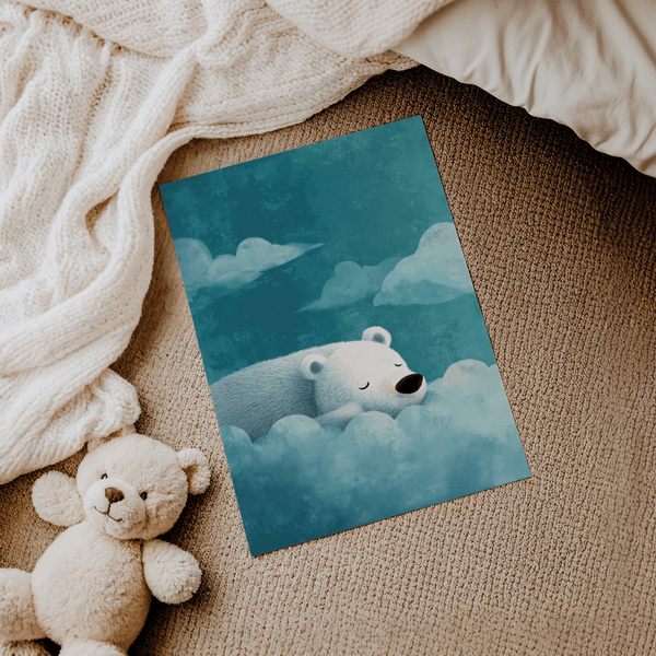 Polar Bear Wall Art featuring blue-toned clouds in a child's room poster