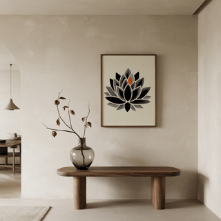 Stylized lotus flower poster with bold petal shapes and fine hatch lines