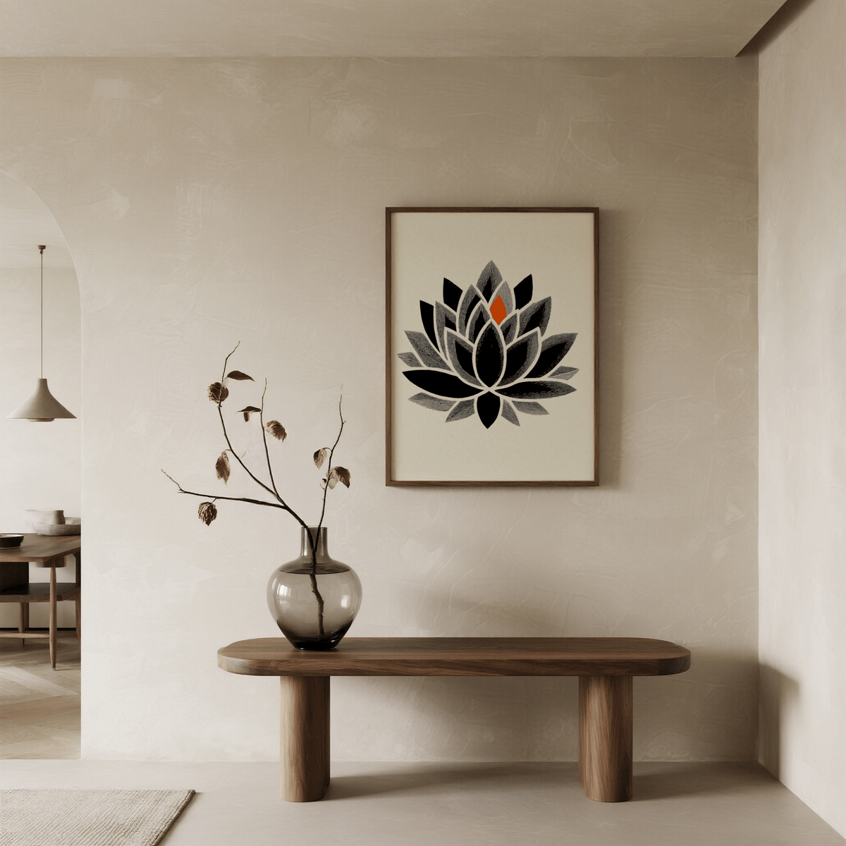 Stylized lotus flower poster with bold petal shapes and fine hatch lines