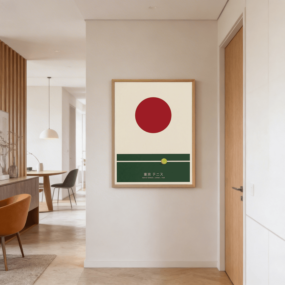 Japanese Tennis Art Print showing minimalist court lines and single tennis ball