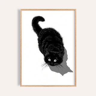 Framed Black Cat Print illustration of a black cat looking up with a curled tail on a white background