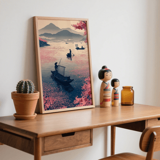Japanese-inspired Zen Fishing Poster wall art with fishermen on boats and floating blossoms