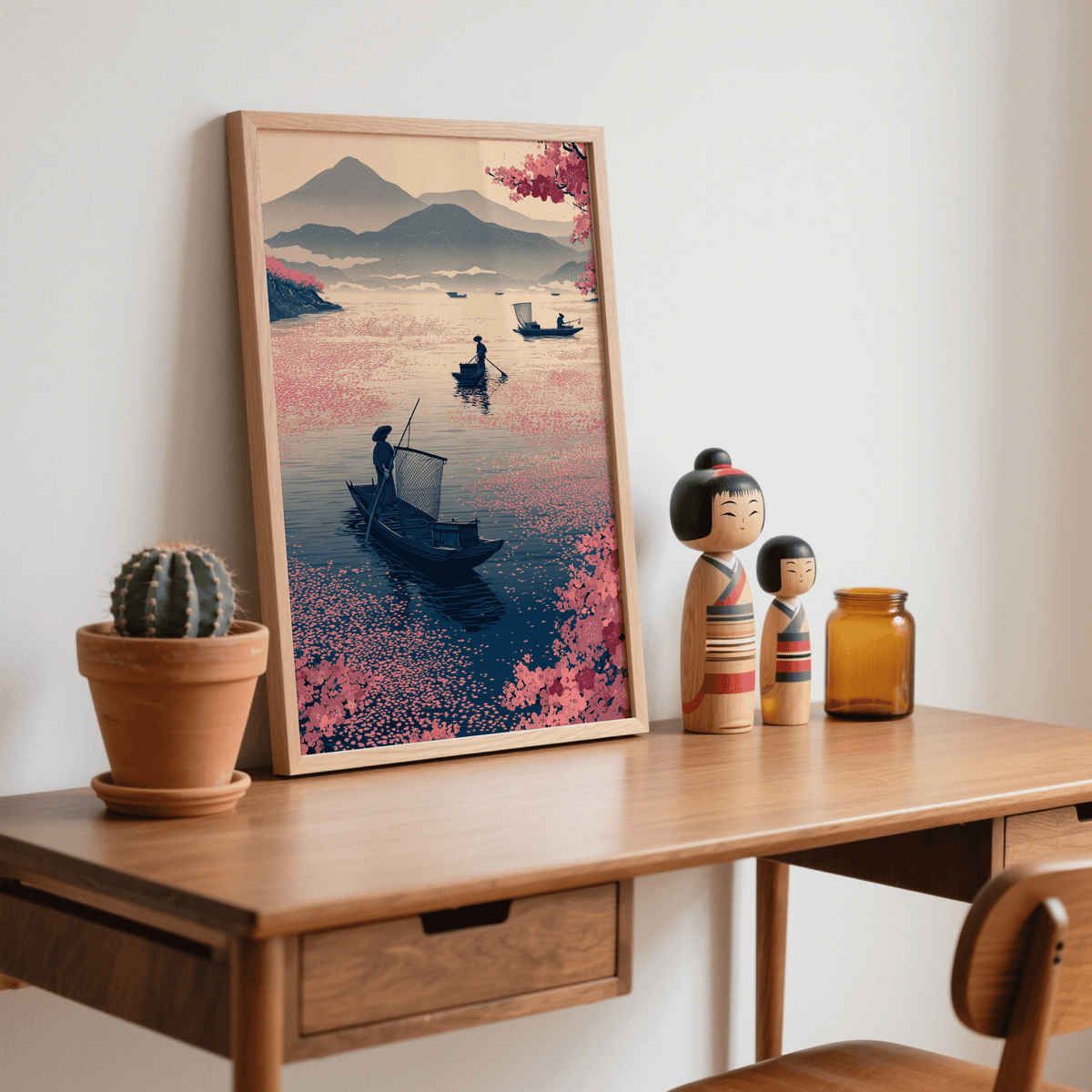 Japanese-inspired Zen Fishing Poster wall art with fishermen on boats and floating blossoms